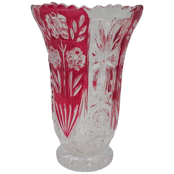 Fifth Avenue Crystal Red Rosaline Ruby Red Floral Vase 6" Scalloped Floral J13 - Picture 4 of 6